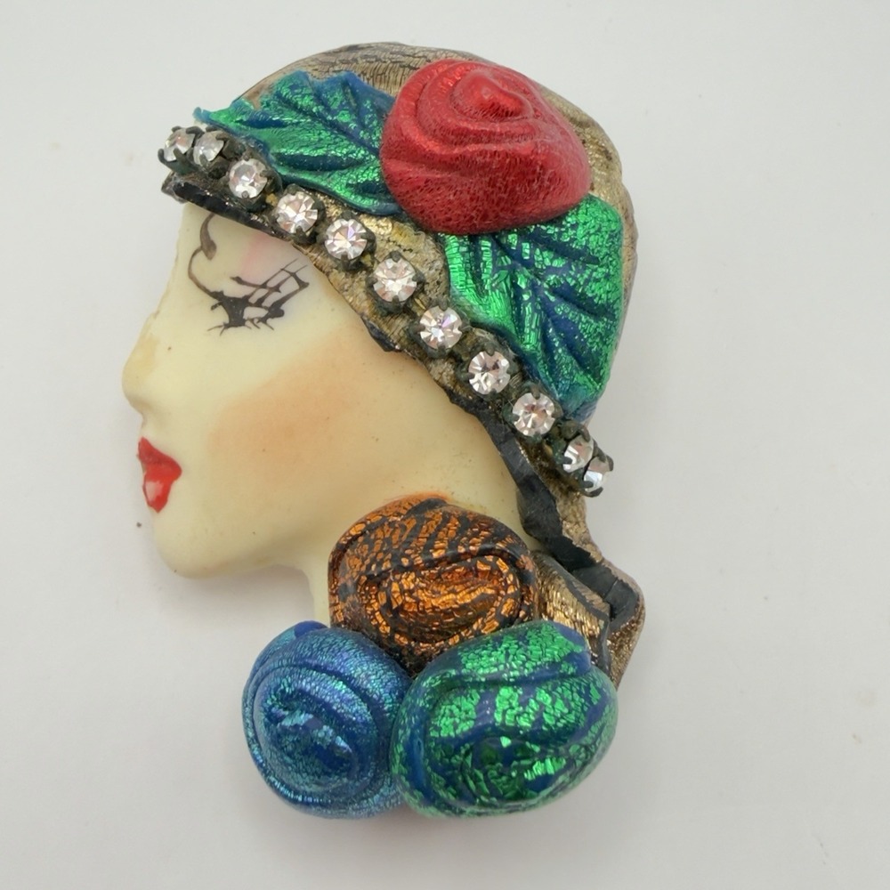 Vintage Flapper Lady Face Brooch Hand Painted Woman in Green Hat Rhinestones